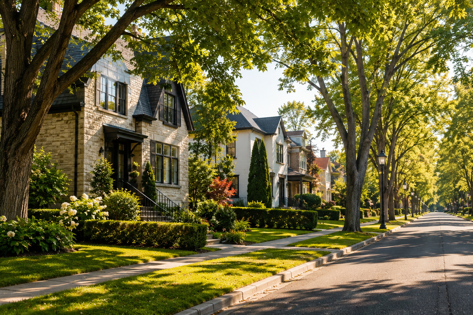 Rue résidentielle bordée d’arbres à Saint-Lambert sur la Rive-Sud de Montréal illustrant la qualité de vie recherchée par les acheteurs en 2026.