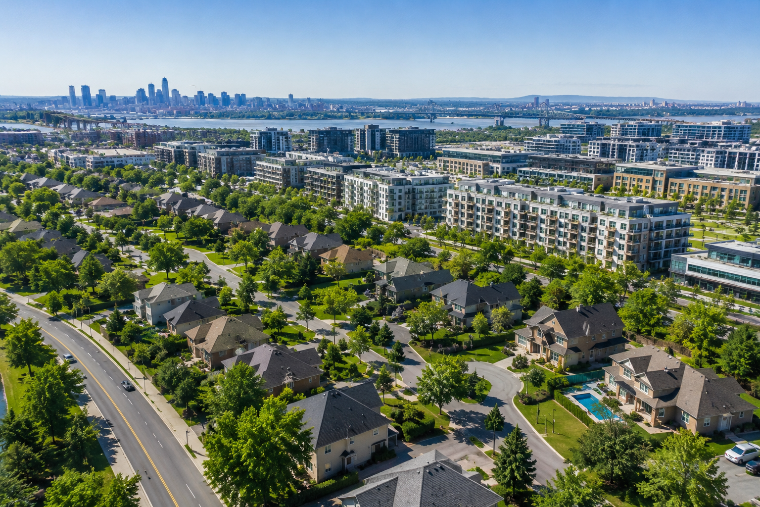 Quartier résidentiel moderne de Brossard avec vue sur la Rive-Sud de Montréal illustrant les avantages d’un investissement immobilier en 2026