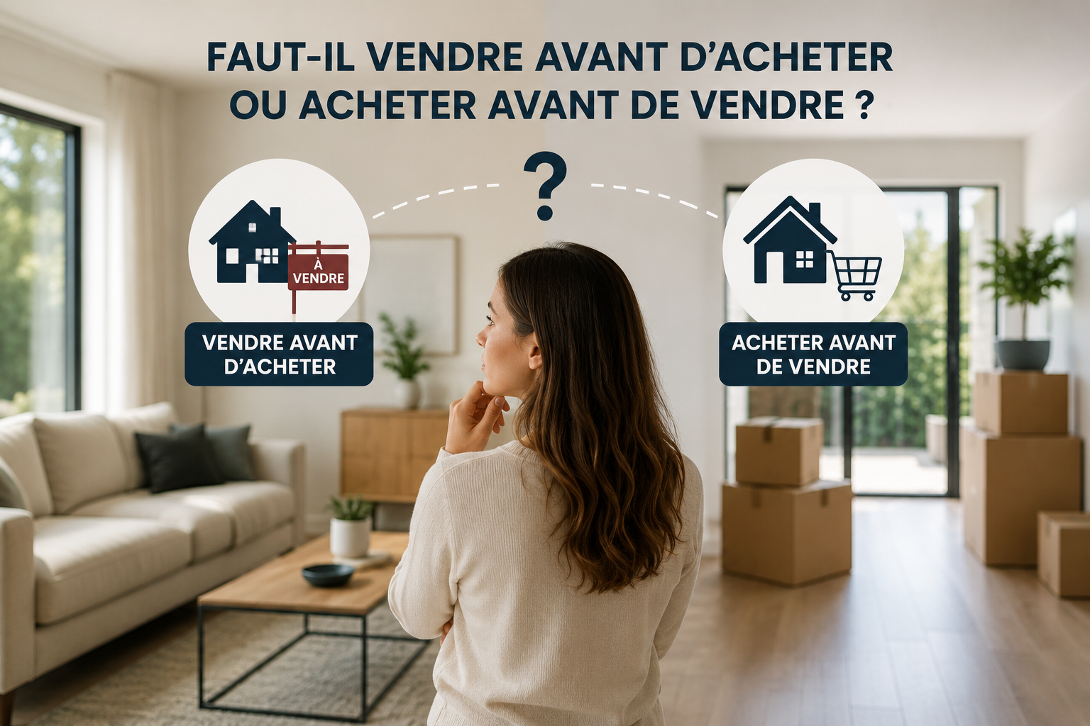 Femme analysant les avantages de vendre avant d’acheter ou d’acheter avant de vendre lors d’un projet immobilier sur la Rive-Sud de Montréal.
