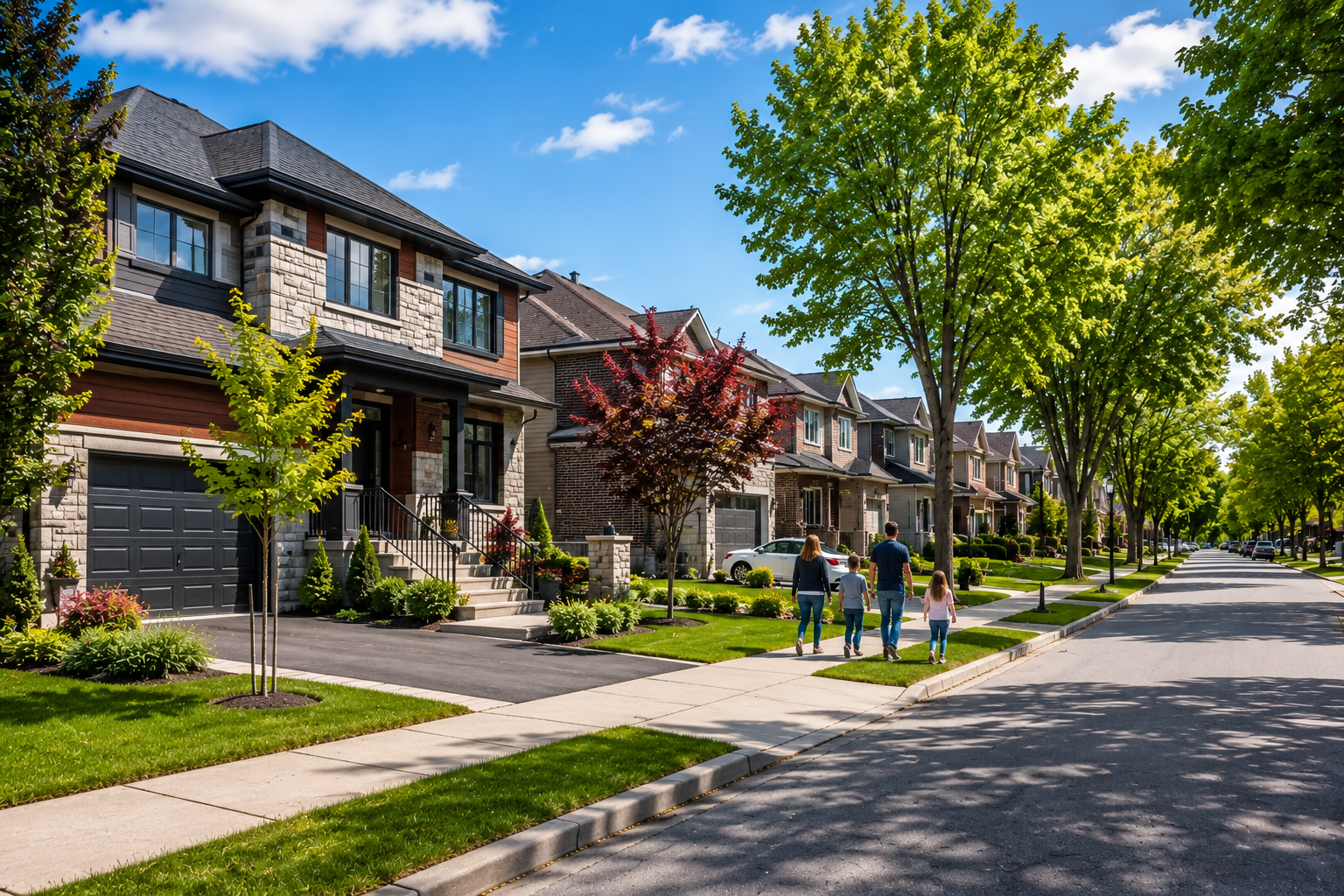 Quartier résidentiel familial à Delson sur la Rive-Sud de Montréal avec maisons modernes, arbres matures et environnement paisible.