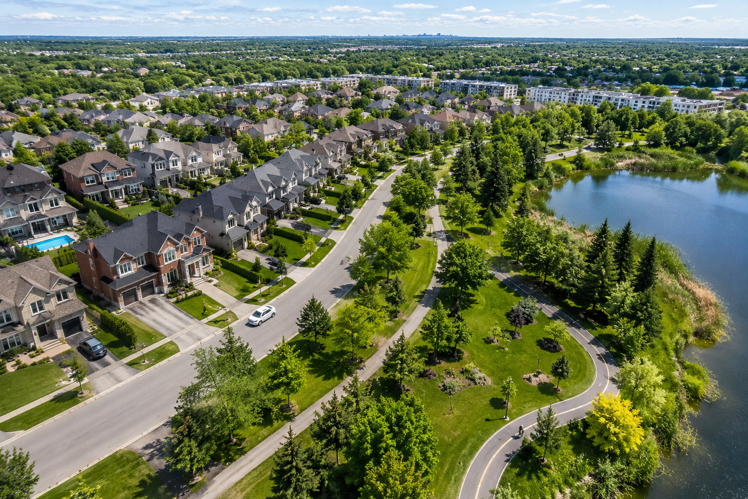 Vue résidentielle de Candiac avec espaces verts, maisons familiales et quartier recherché sur la Rive-Sud de Montréal