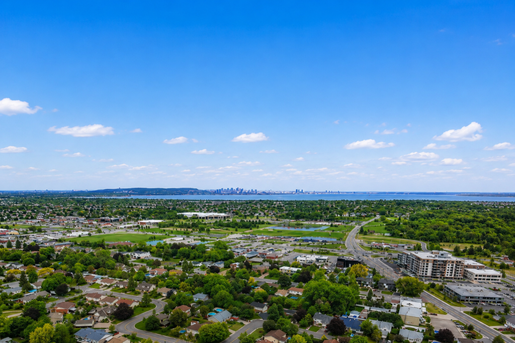 Vue aérienne d’un quartier résidentiel à Delson sur la Rive-Sud de Montréal, secteur recherché pour acheter une maison
