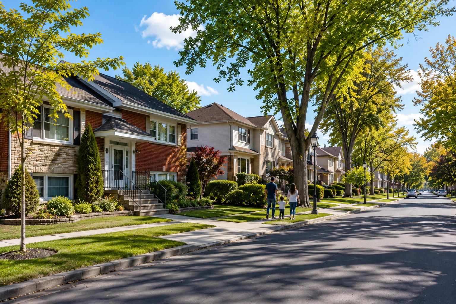 Rue résidentielle paisible à Greenfield Park sur la Rive-Sud de Montréal avec maisons familiales et arbres matures