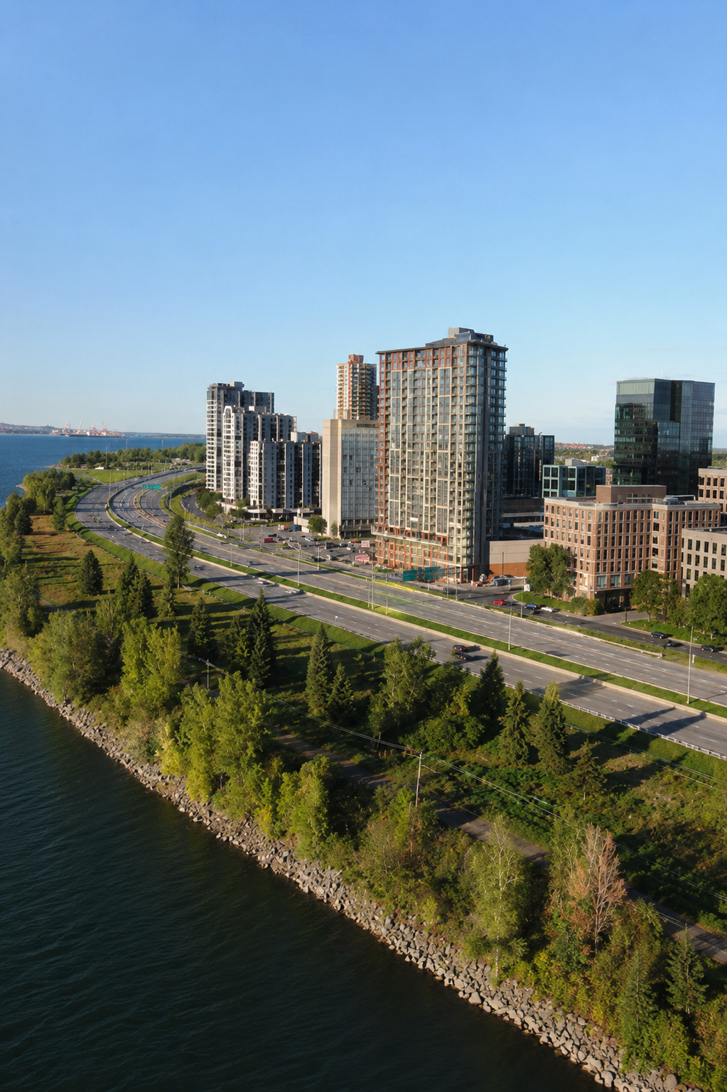 Vue aérienne de la Rive-Sud de Montréal illustrant un secteur résidentiel recherché avec immeubles modernes, espaces verts et accès aux principaux axes routiers.
