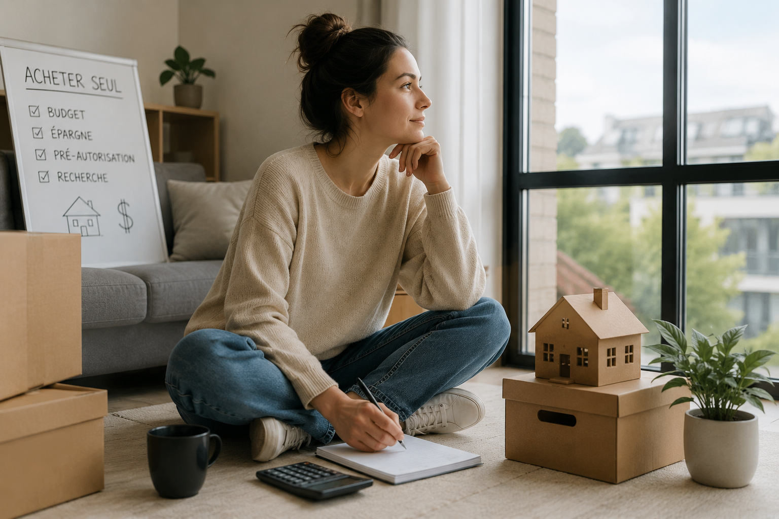Acheter seul en 2026 : femme préparant l’achat d’une maison avec budget, épargne et planification hypothécaire.