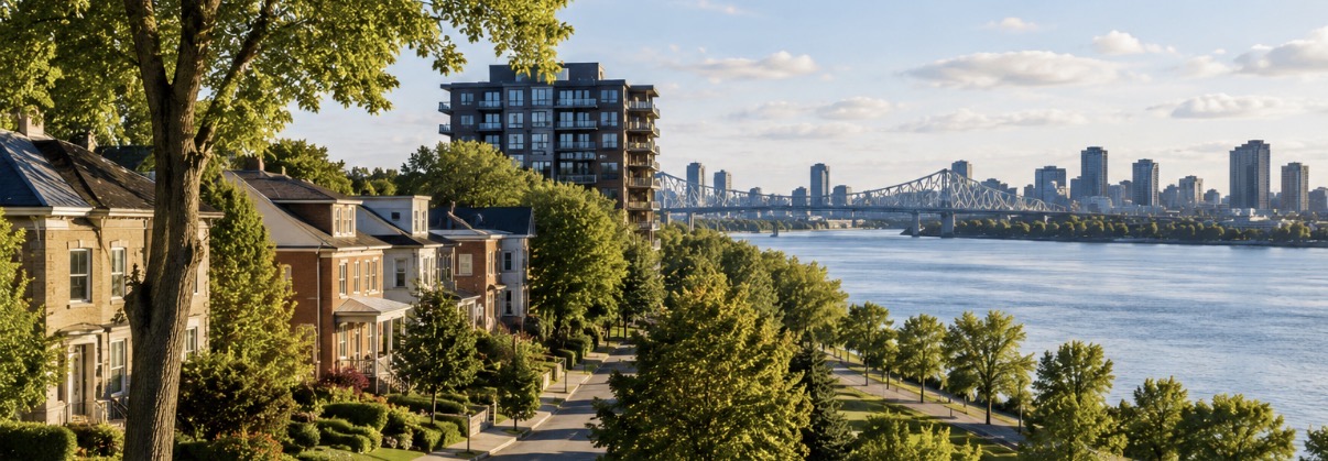 Vue panoramique de Longueuil et du fleuve Saint-Laurent avec maisons et bâtiments résidentiels.