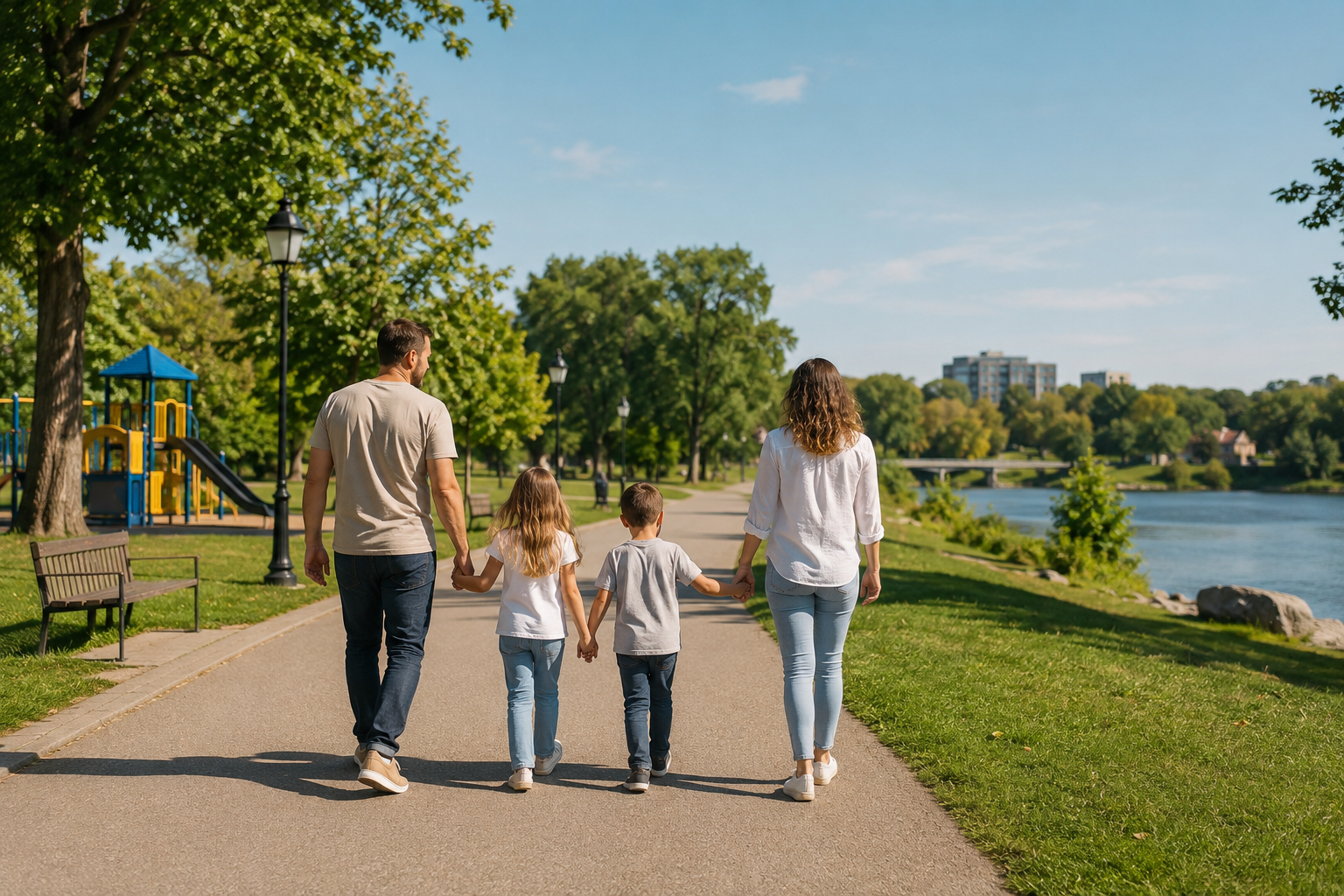 Famille se promenant dans un parc riverain à Sainte-Catherine sur la Rive-Sud de Montréal, illustrant la qualité de vie recherchée par les familles en 2026.