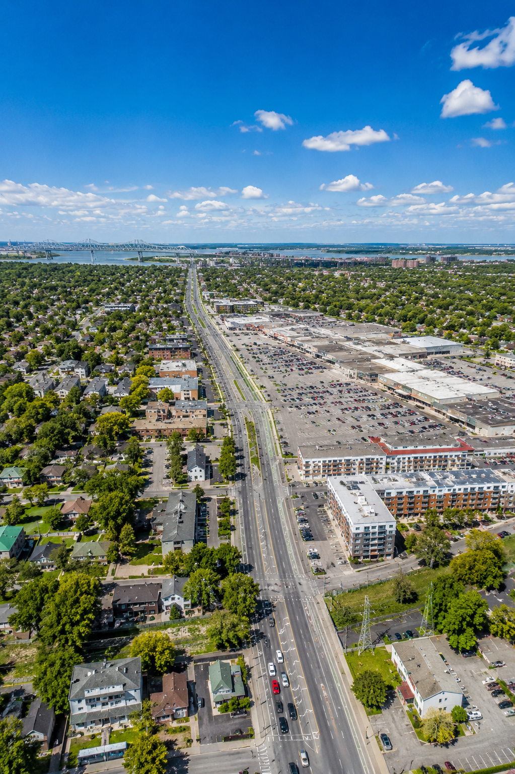 Courtier immobilier à Greenfield Park – vue aérienne du boulevard Taschereau, des commerces et des secteurs résidentiels.