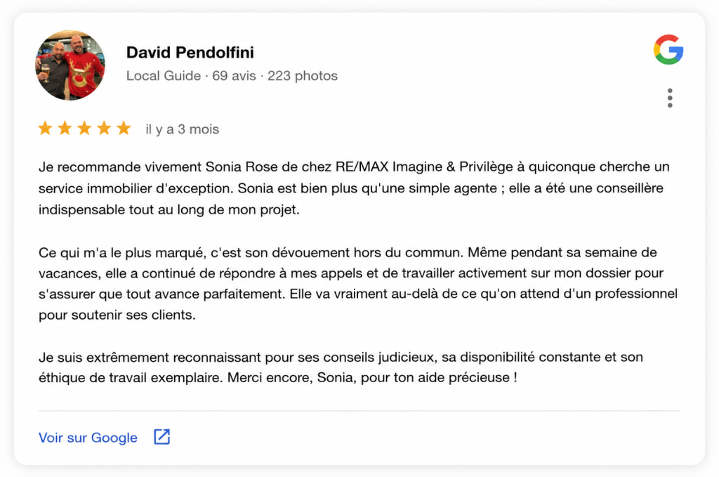 Avis Google 5 étoiles pour Sonia Rose, courtière immobilière RE/MAX à Longueuil et sur la Rive-Sud