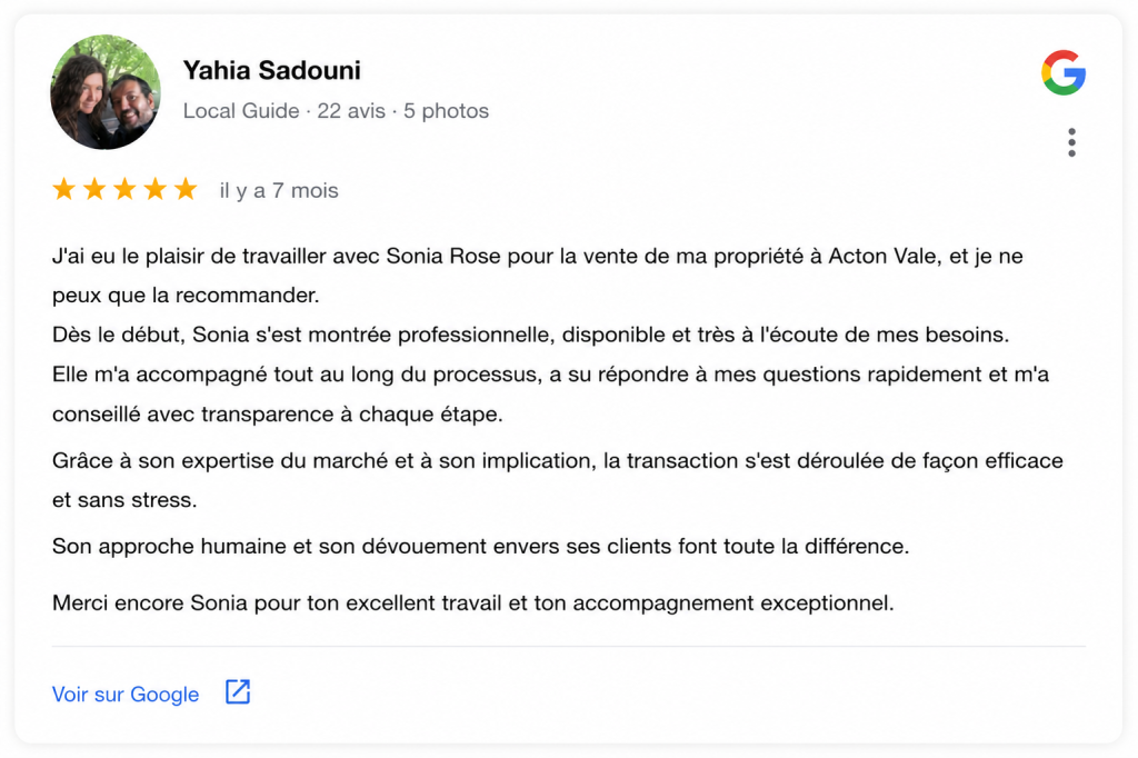 Avis Google 5 étoiles pour Sonia Rose, courtière immobilière RE/MAX à Longueuil et sur la Rive-Sud